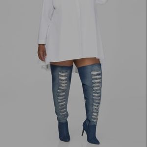 Destructed Denim Thigh High Boots